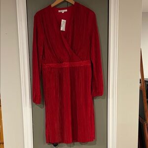 cleo Red Pleated Faux-Wrap Long Sleeve Midi Dress